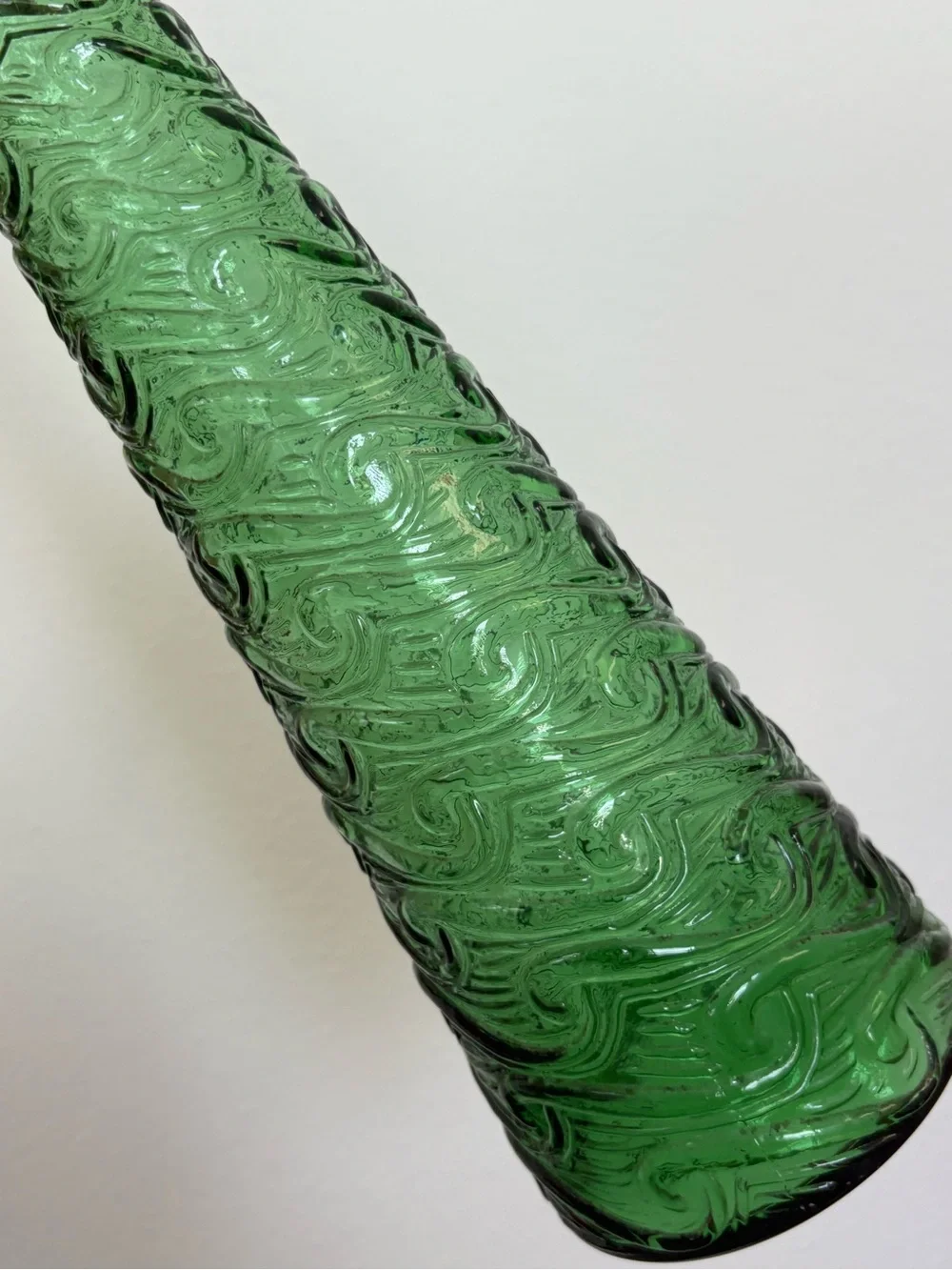 Vintage Tall Green Empoli Wave Pattern Glass Genie Bottle with Stopper